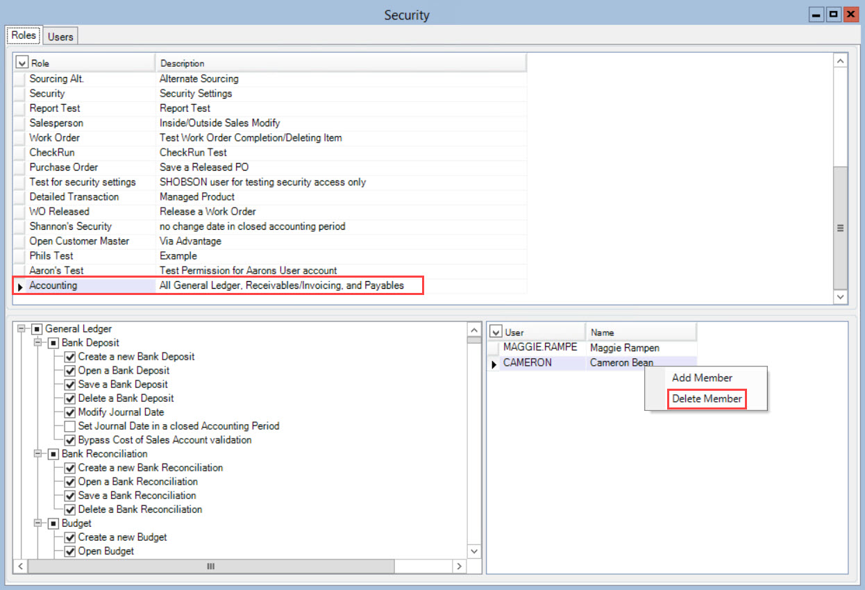 Security window, Roles tab; shows the User pane right-click menu and the location of Delete Member.
