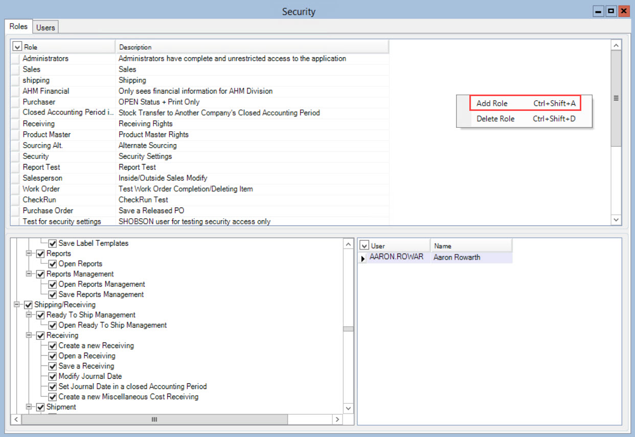 Security window, Roles tab; shows the Roles pane right-click menu and the location of the Add Role.