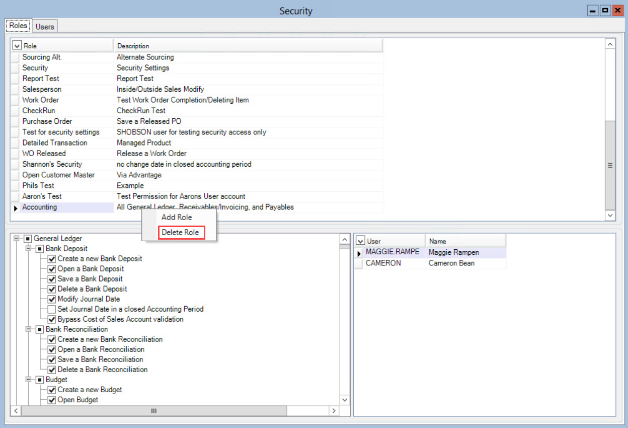 Security window, Roles tab; shows the Role line item right-click menu and the location of Delete Role.