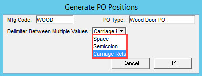 Generate PO Positions window; shows the Delimiter field drop-down list.