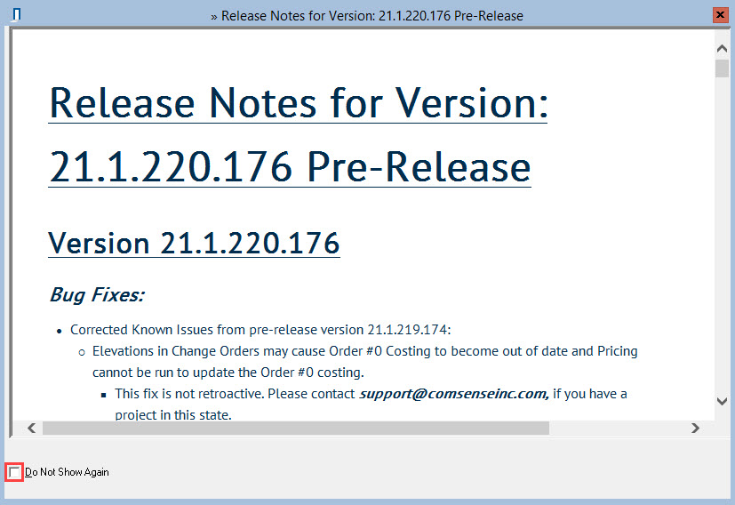 Release Notes window; shows the location of the Do Not Show Again checkbox.