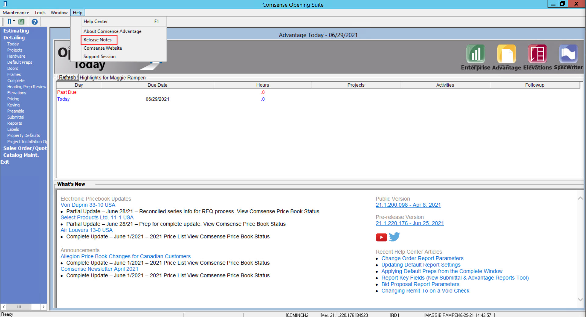 Comsense Advantage; shows the pathway to open the Release Notes window.