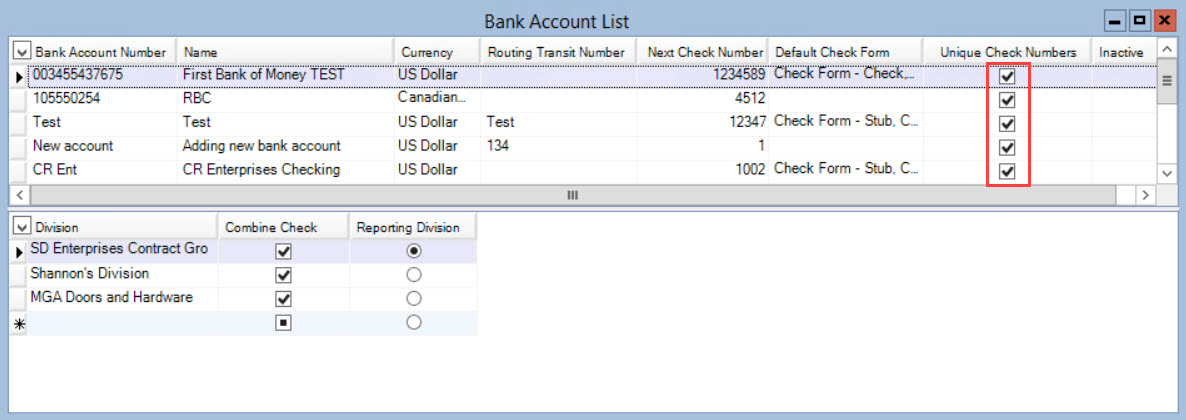 Bank Account List window; shows the Unique Check Numbers column and checked checkboxes.