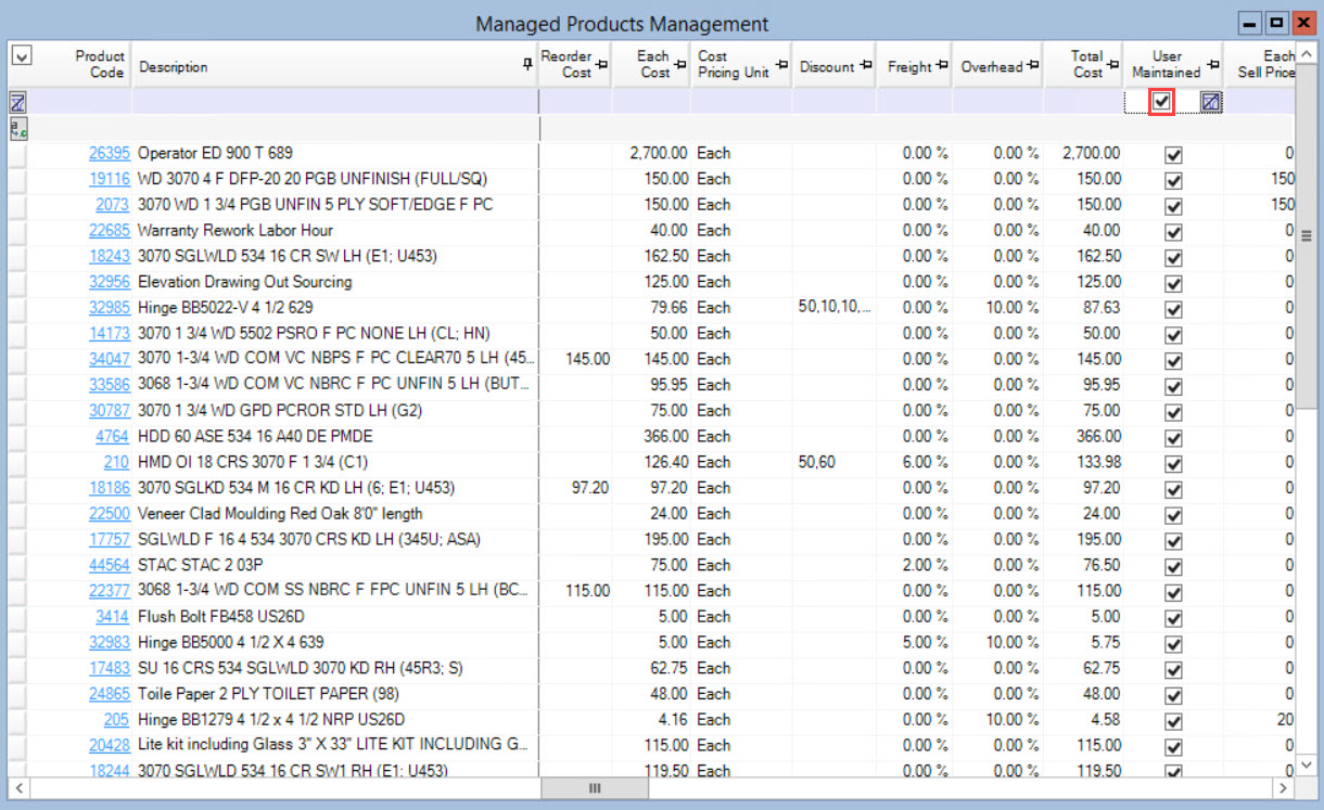 Managed Products Management window; shows the managed products filtered by the User Maintained checkbox.