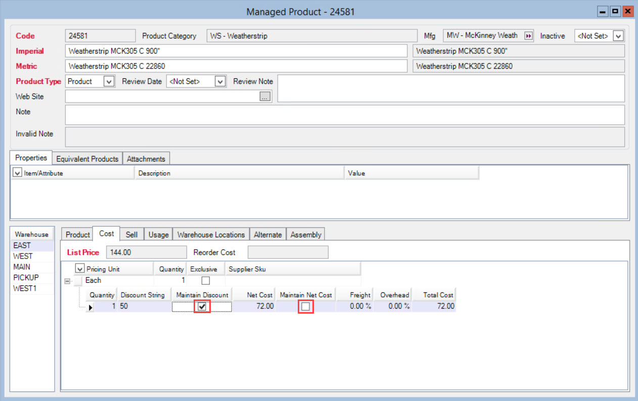 Managed Product window; shows the location of the Maintain Discount and Maintain Net Cost checkboxes.