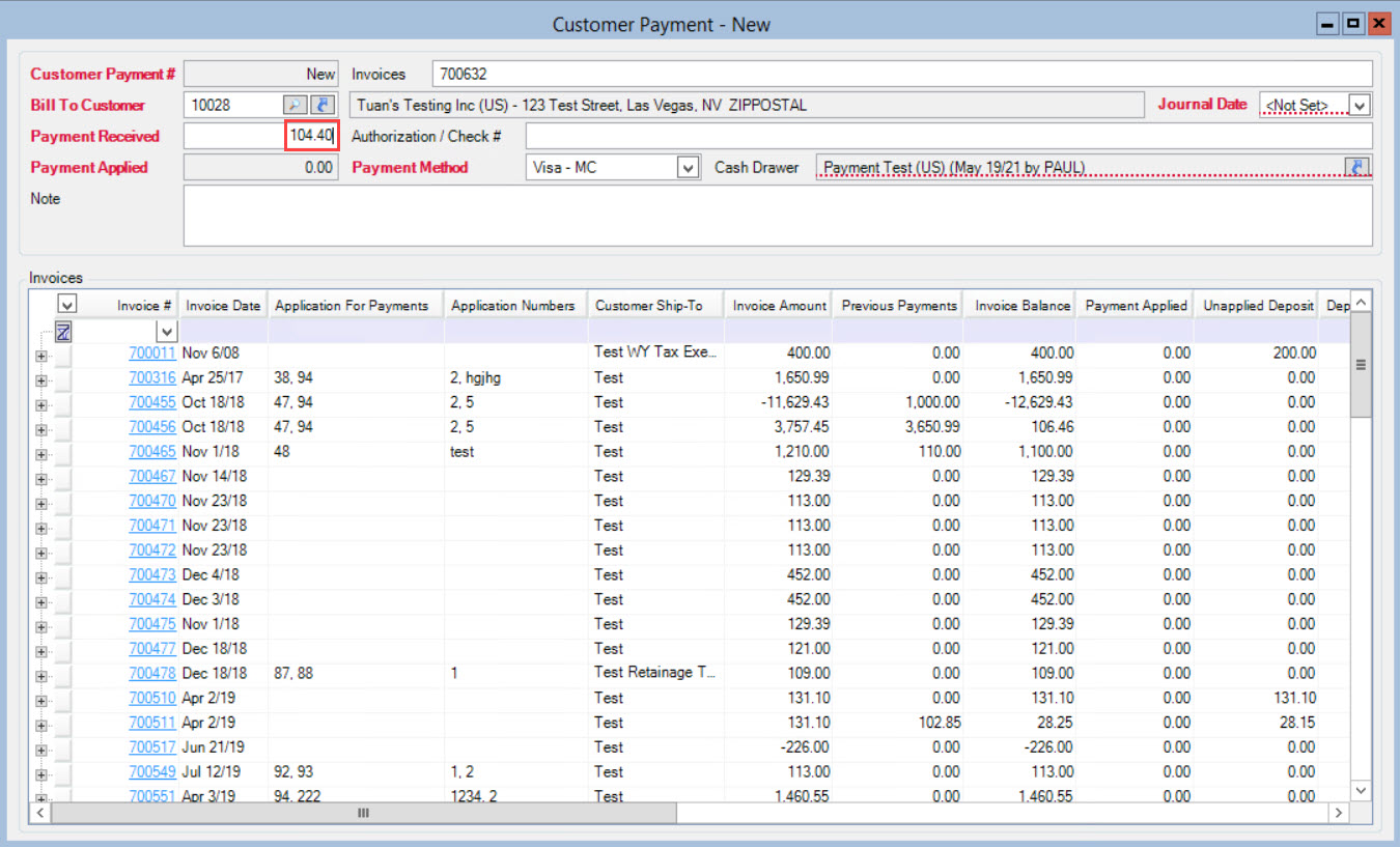 Customer Payment window; shows a payment amount in the Payment Received field.