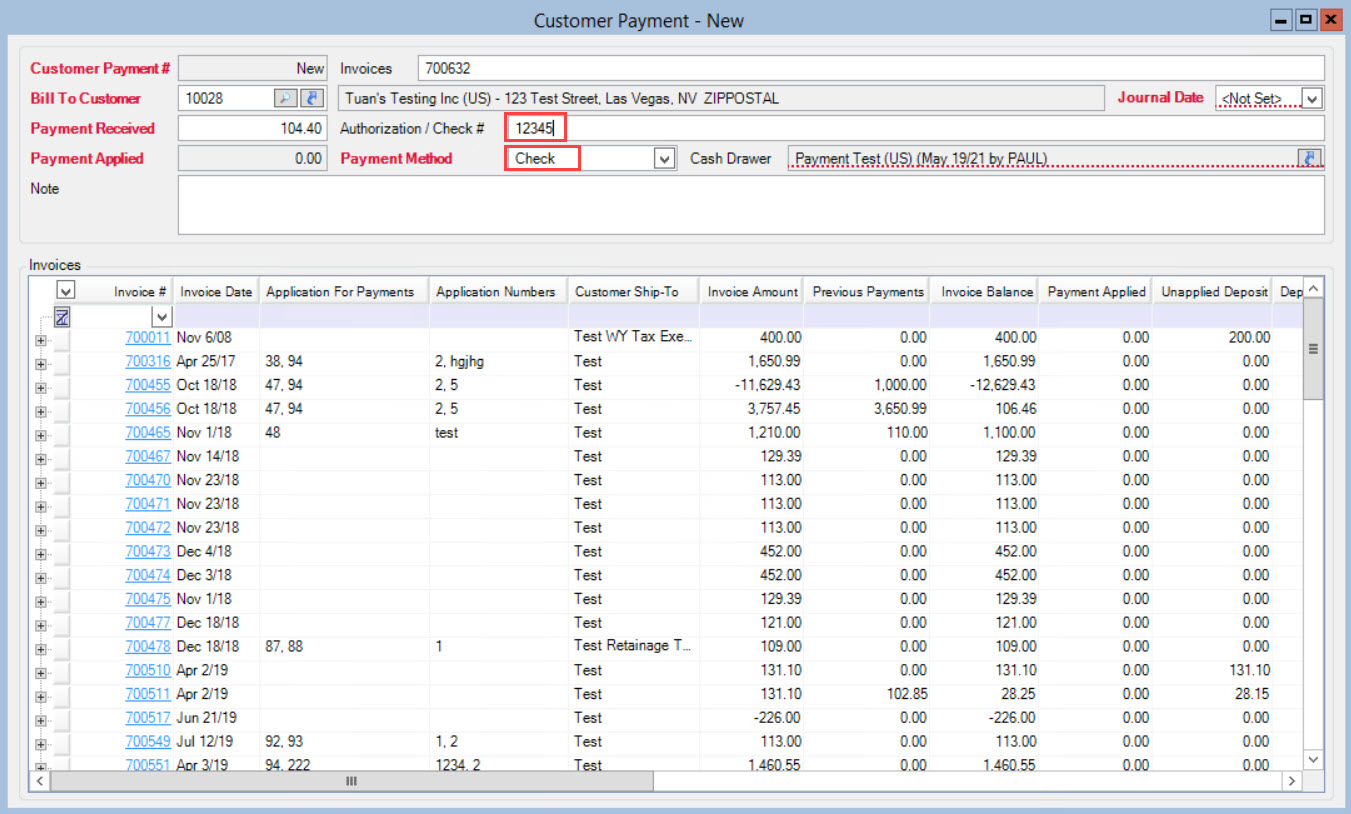 Customer Payment window; shows the location Authorization/Check # field and Payment method field.