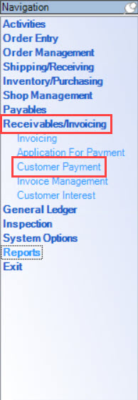 Enterprise Navigation menu; shows the location Receivables/Invoicing and Customer Payment.