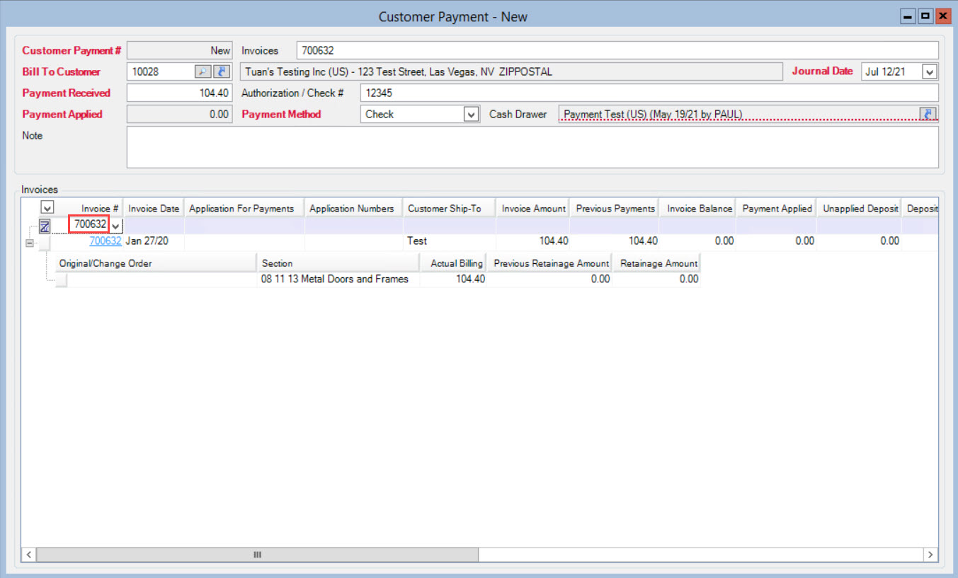 Customer Payment window; shows the Invoice number in the filter line item.