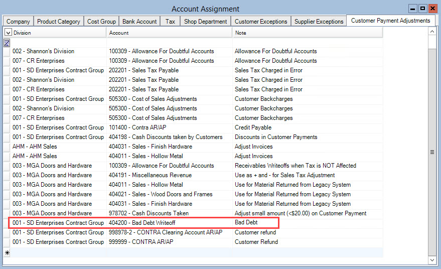 Account Assignment window; shows the Bad Debt Writeoff general ledger account in the Customer Payment Adjustments tab of the Account Assignment window.