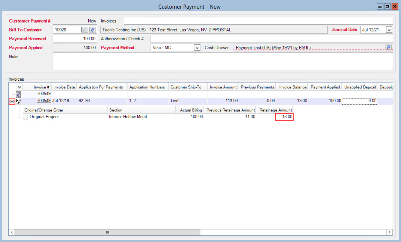 Customer Payment window; shows a value in the Retainage Amount field.