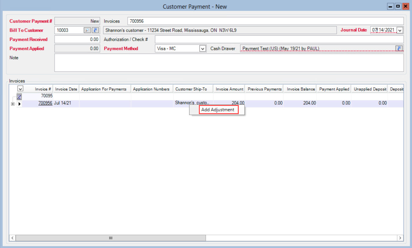 Customer Payment window; shows Invoice line item right-click menu and the location of Add Adjustment.