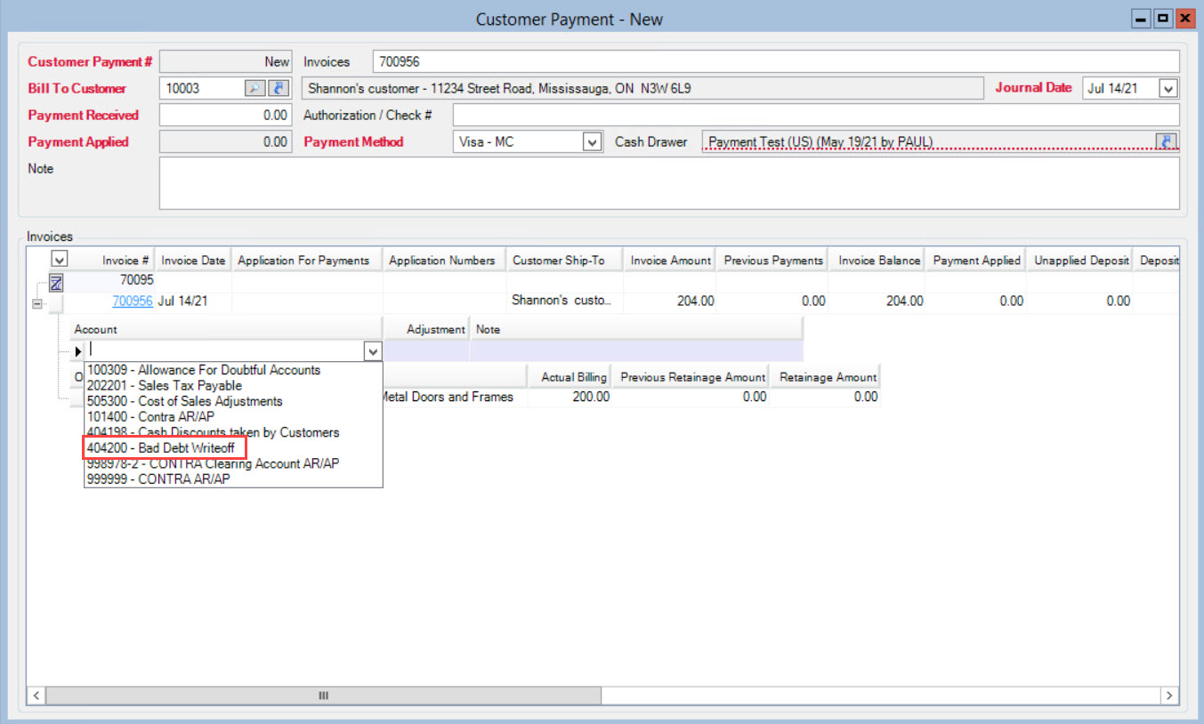 Customer Payment window; shows the Account drop-down list on the Adjustment line item.