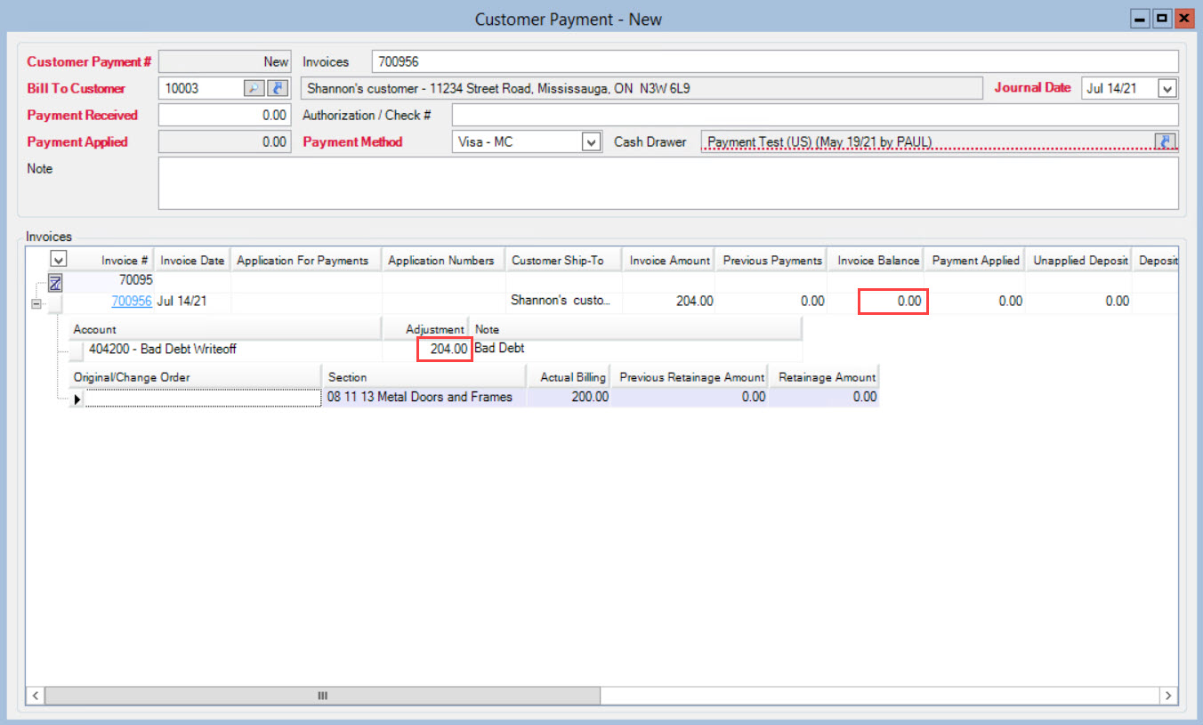 Customer Payment window; shows the write off amount in the Adjustment field and the Invoice Balance field at 0.00.