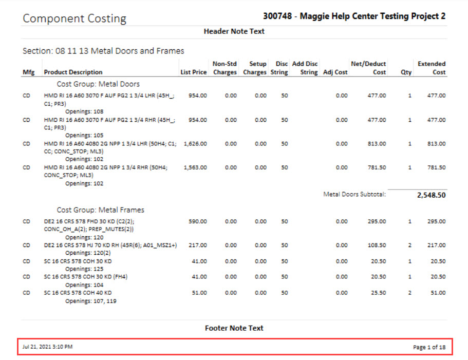Component Costing report; shows footer style 1.