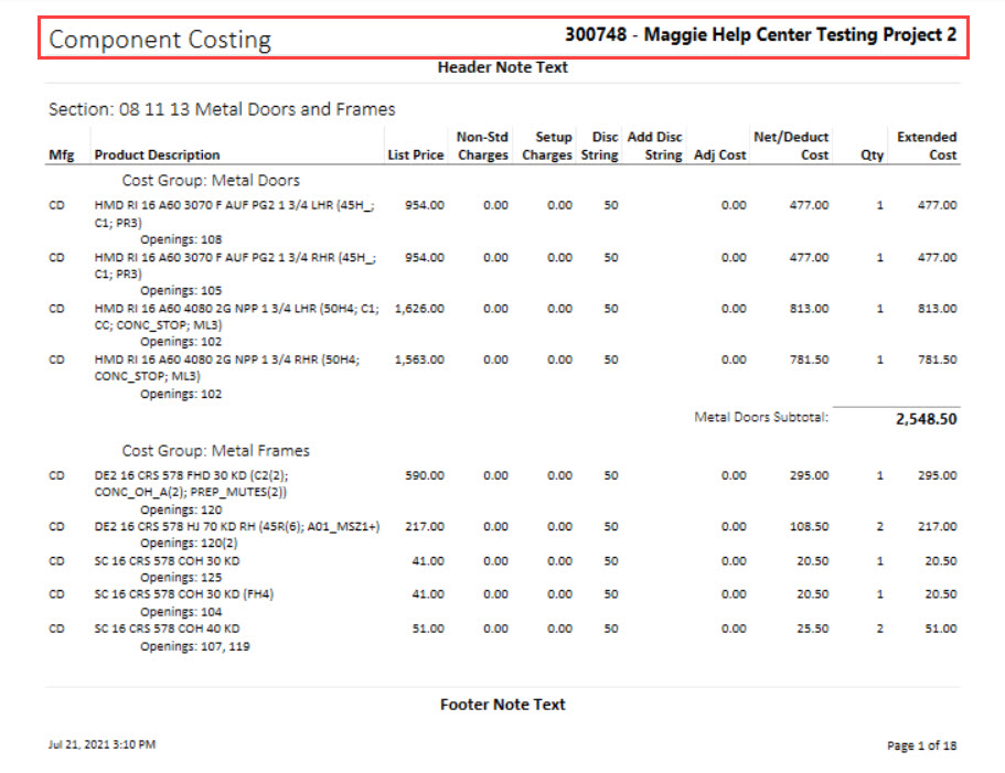 Component Costing report; shows header style 1.