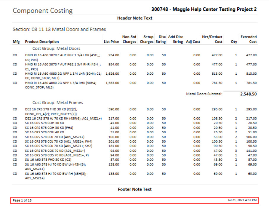 Component Costing report; shows footer style 2.