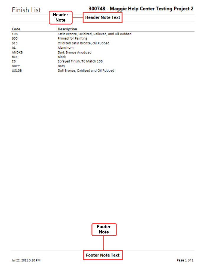 Finish List report; shows the location of the header note and footer note.