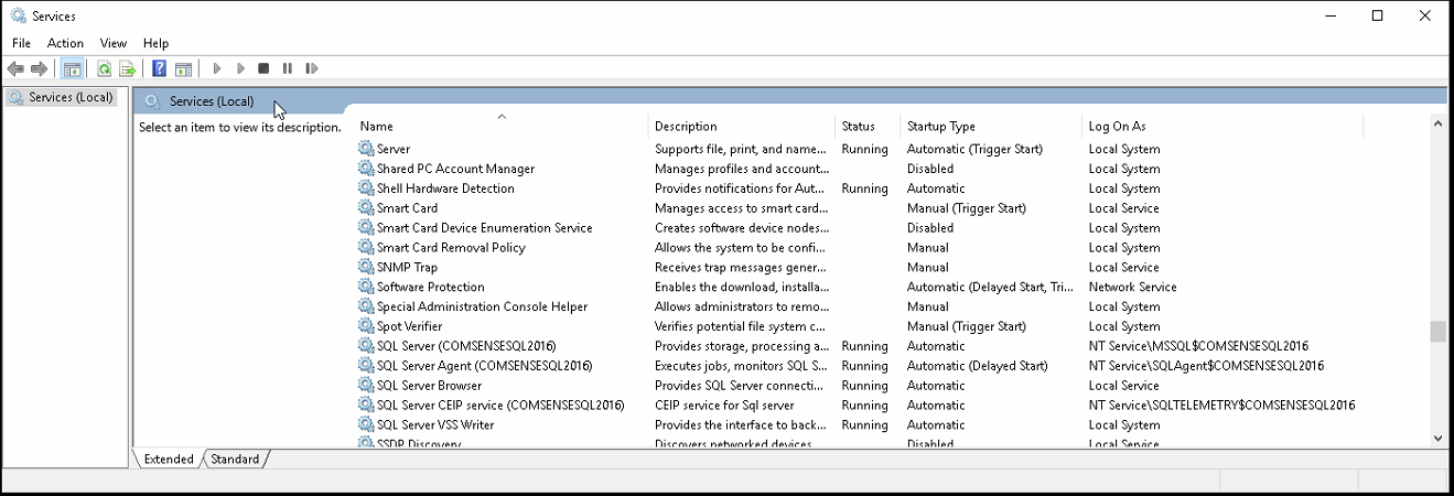 Services Control Panel; shows SQL Server Agent (COMSENSESQL2016).