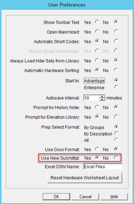 User Preferences window; shows the location of Use New Submittal radio button.