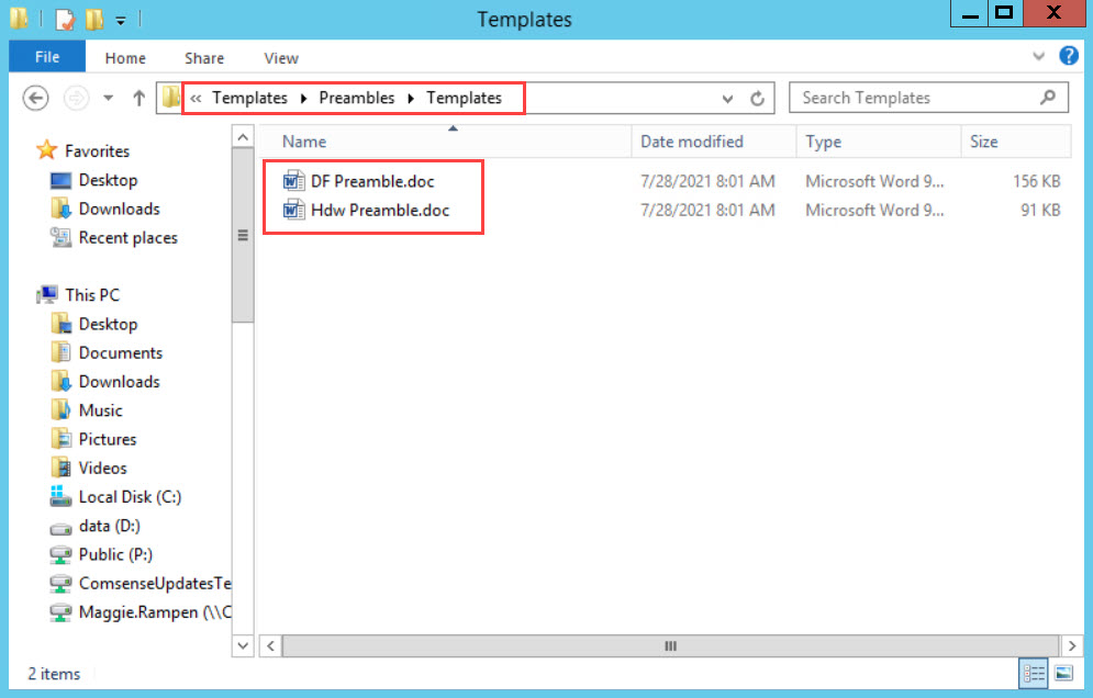 Windows Explorer window; shows the pathway of the preamble templates and the default preamble template files.