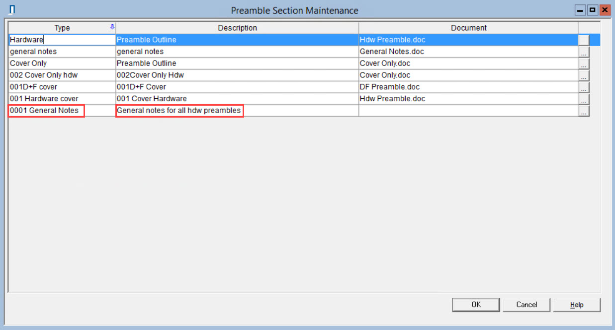 Preamble Section Maintenance window; shows Type and Description Field.