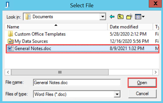 File Explorer; shows a highlighted word doc file and the location of the Open button.