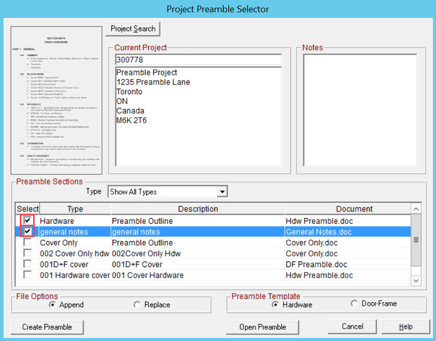 Project Preamble Selector window; shows selected preamble sections.