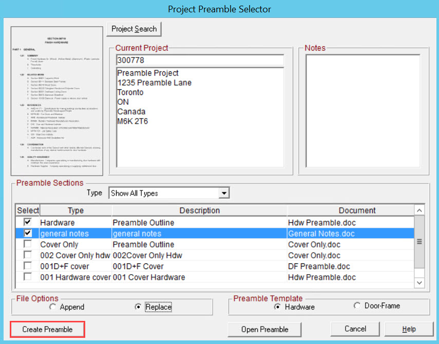 Project Preamble Selector window; shows the location of the Create Preamble button.