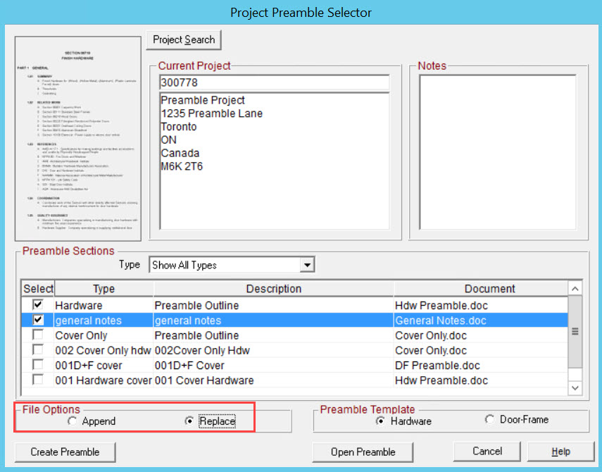 Project Preamble Selector window; shows the location of the File Option pane.