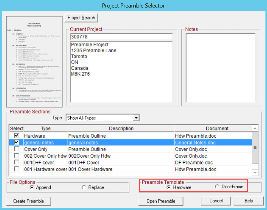 Project Preamble Selector window; shows the location of the Preamble Template pane.