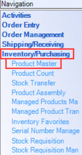 Enterprise Navigation menu; shows the location of Inventory/Purchasing and Product Master.