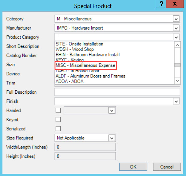 Special Product window; shows the Product Category drop-down list and the location of Miscellaneous Expense.