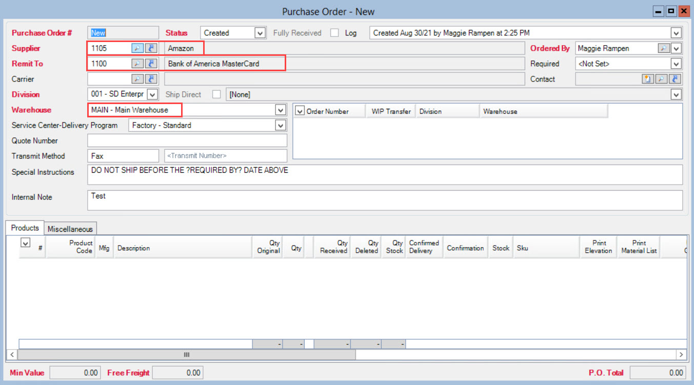 Purchase Order window; shows the Supplier field, Remit to field, and Warehouse field.