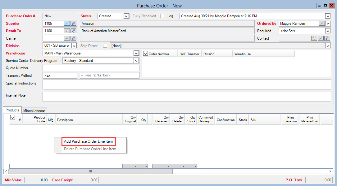 Purchase Order window; shows the Product tab's right-click menu and the location of Add Purchase Order Line Item.