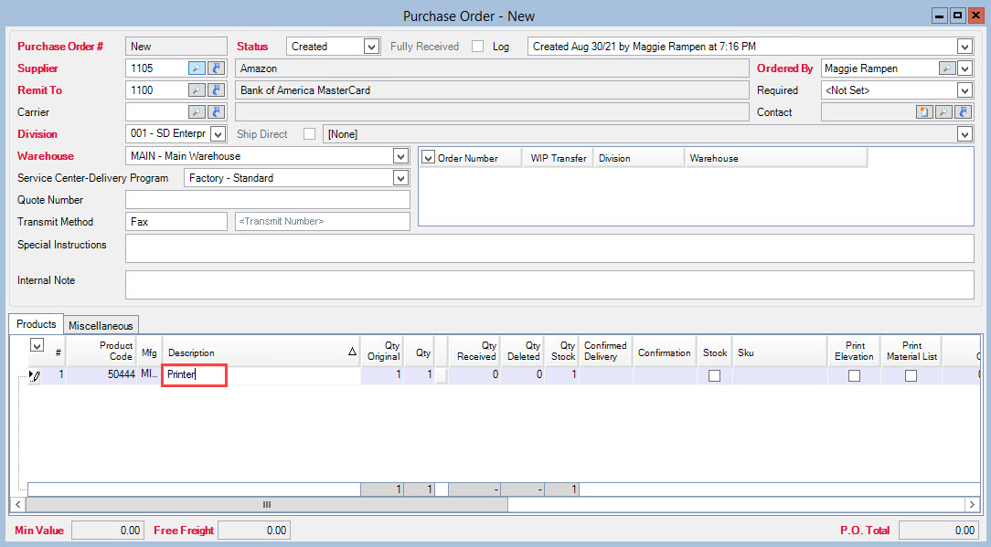 Purchase Order window; shows the expense line item with an updated description.