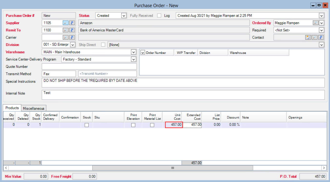Purchase Order window; shows the unit cost field of the expense line item.