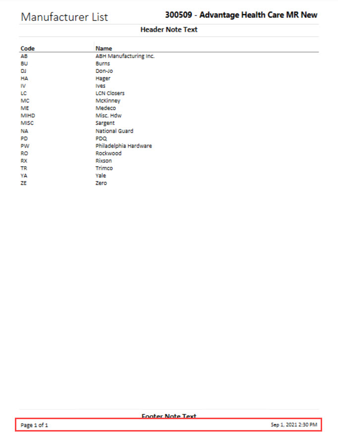 Manufacturer List report; shows footer style 2.