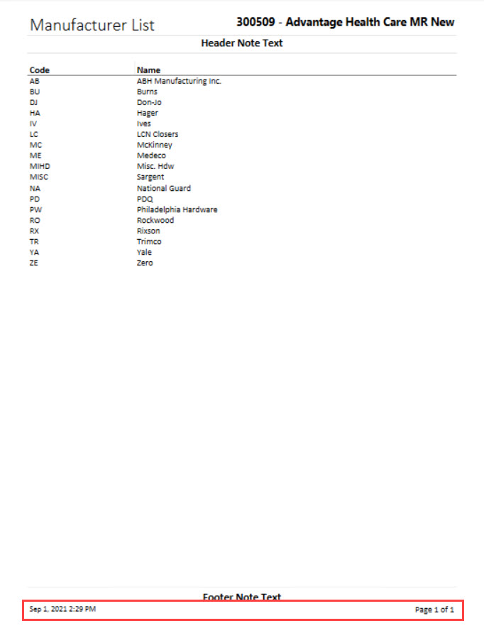 Manufacturer List report; shows footer style 1.