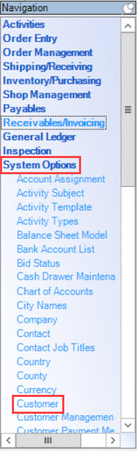 Enterprise Navigation menu; shows the location ofSystem Options and Customer.