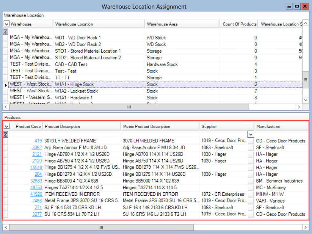 Warehouse Location Assignment window; shows the location of the Products pane.