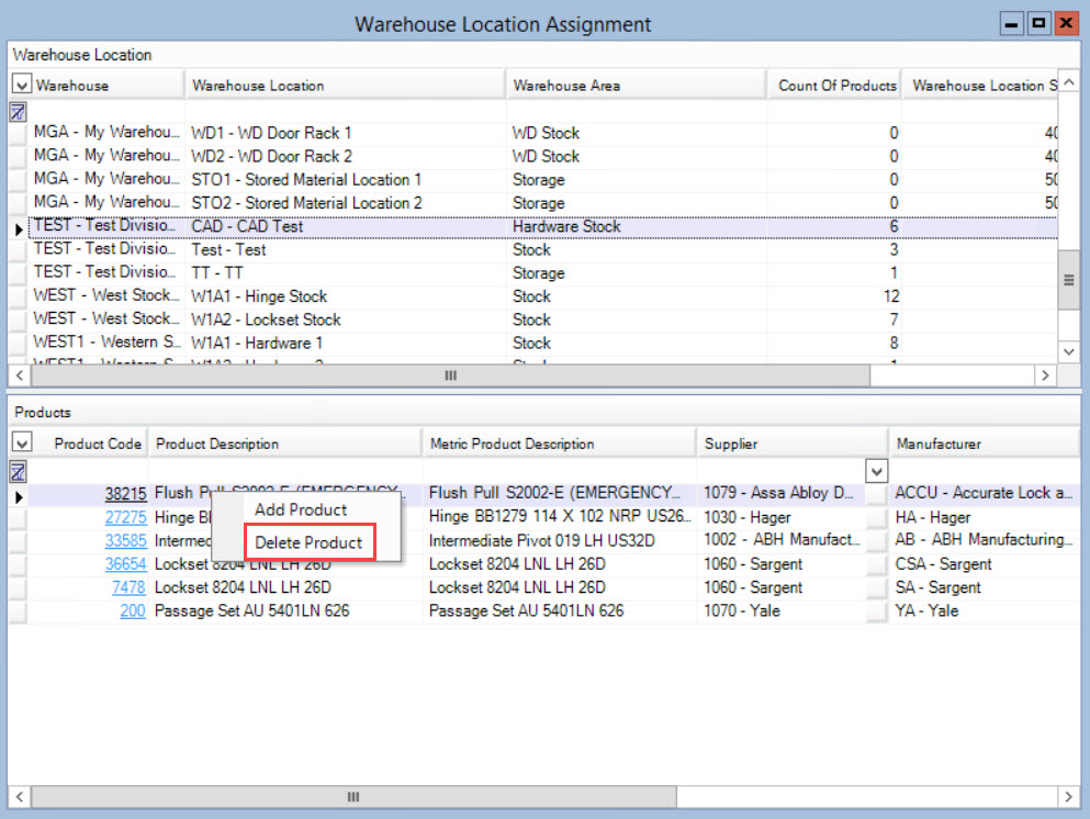 Warehouse Location Assignment window; shows the Product pane right-click menu and the location of Delete Product.