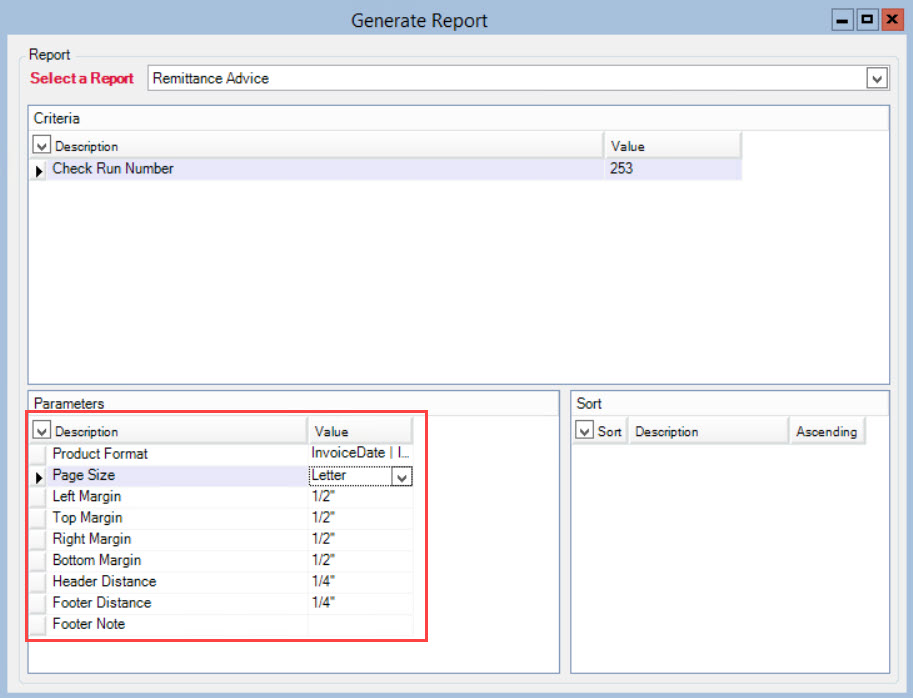 Generate Report window; shows the Parameters pane.
