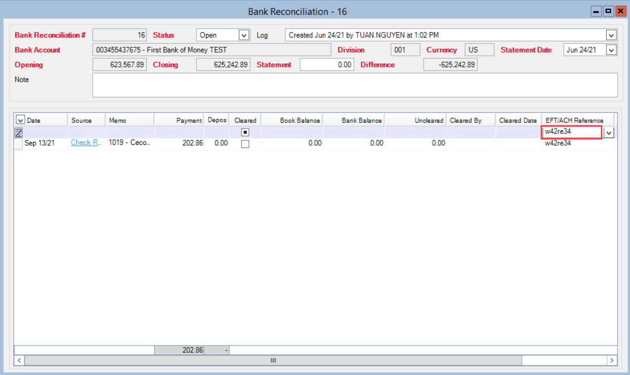 Bank Reconciliation window; shows checks filtered by AFT/ACH reference number.