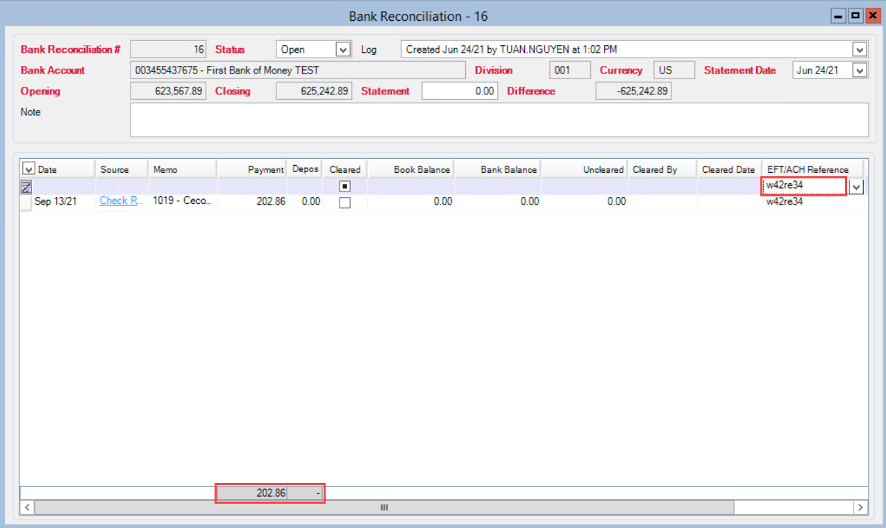 Bank Reconciliation window; shows the summary line for filtered transactions.