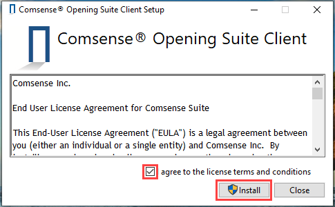 Comsense Opening Suite Client Setup window; shows the I agree to the license terms and conditions checkbox.