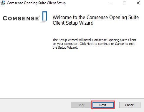 Comsense Opening Suite Client Setup window; shows the first page of the Setup Wizard.