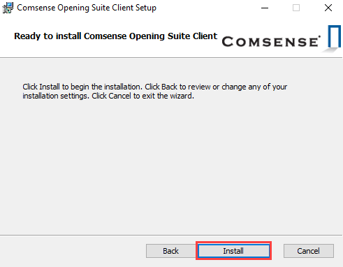 Comsense Opening Suite Client Setup window; shows the installation page.