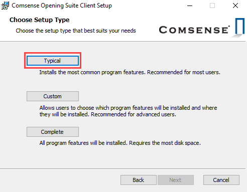 Comsense Opening Suite Client Setup window; shows the Choose Setup Type page.