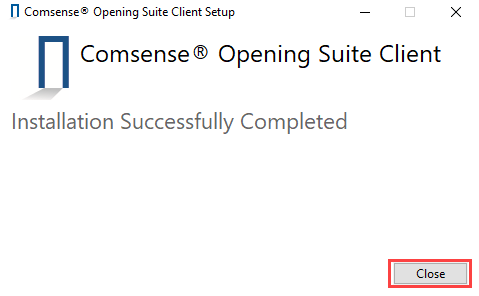 Comsense Opening Suite Client Setup window; shows the Successful Installation message.